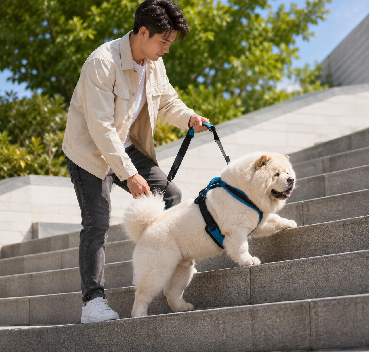 Man walking a large white dog up stone steps outdoors