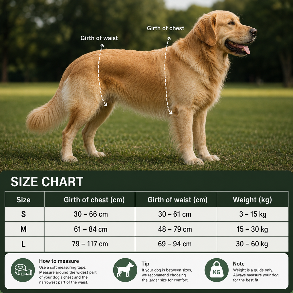 Lupo Dogs harness size chart for small, medium and large senior dogs