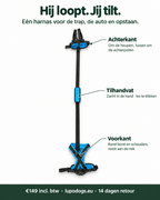 A blue and black dog harness with a long black strap and blue accent details, shown on a white background with Dutch text labels pointing to different parts of the harness.