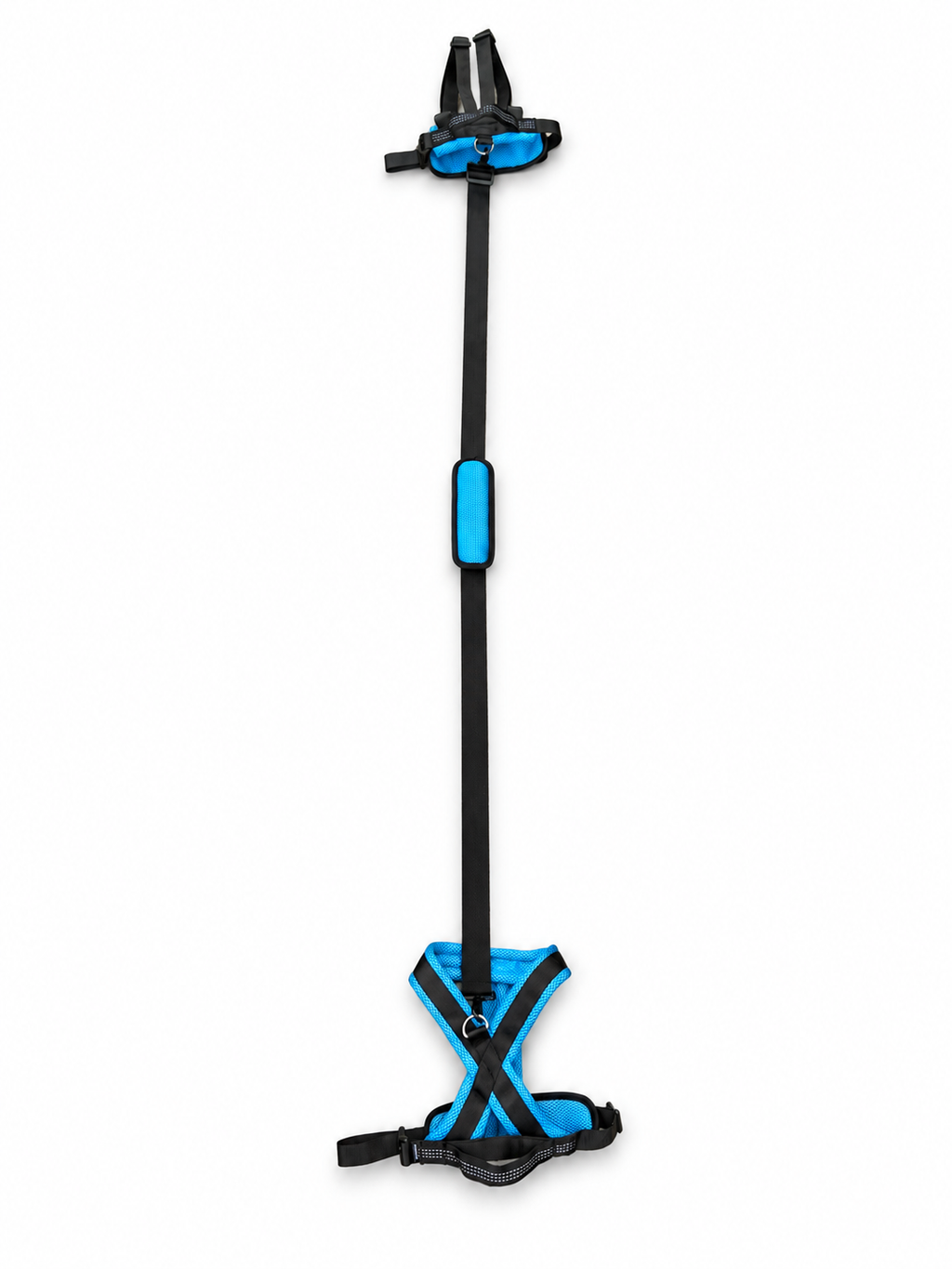 A black and bright blue strap-on harness support system with a long central pole, shown on a plain white background.